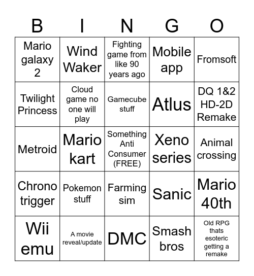 Nintendo (Derogatory) Bingo Card
