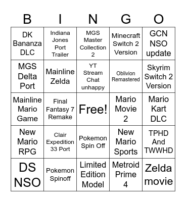 Nintendo Direct Bingo Card