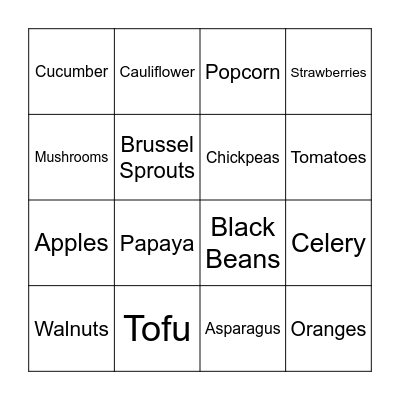 Nutrition Bingo Card