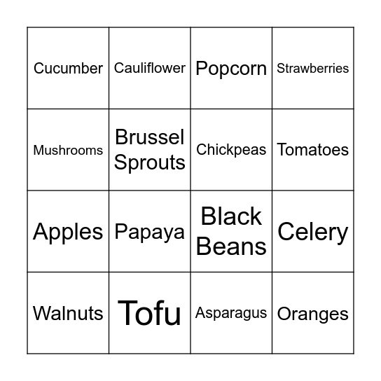 Nutrition Bingo Card