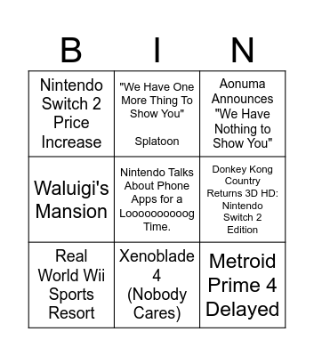 Nintendo Direct September 2025 (Snark Edition) Bingo Card