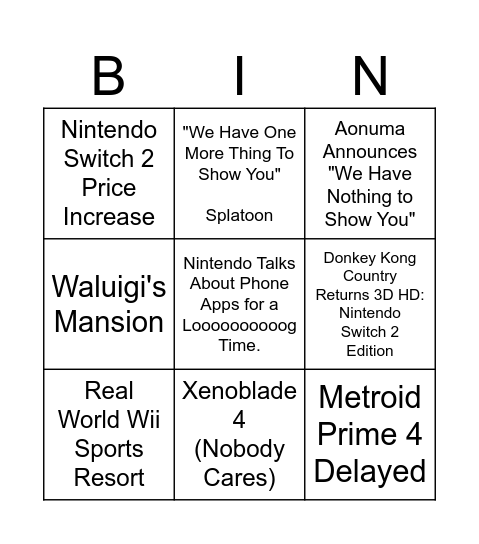 Nintendo Direct September 2025 (Snark Edition) Bingo Card