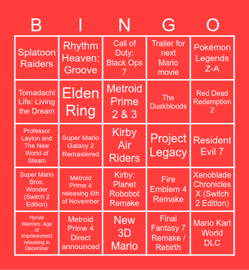 Nintendo Direct September 2025 Bingo Card