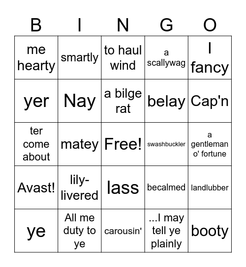 Mango Pirate Bingo Card
