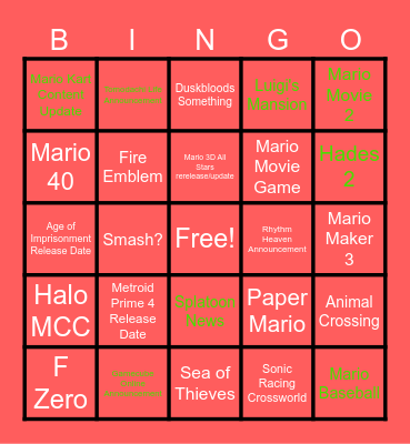 9/12/25 Nintendo Direct Bingo Card