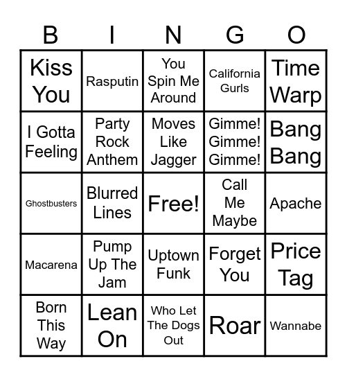 Just Dance Bingo Card