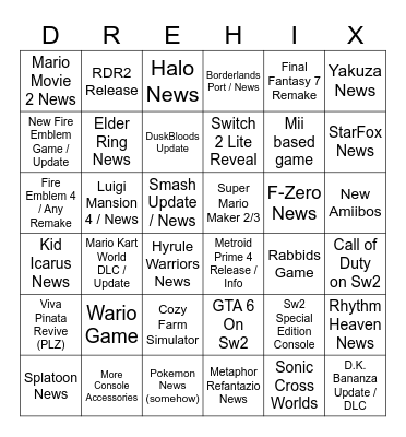 Nintendo Direct (Drehix Version) Bingo Card