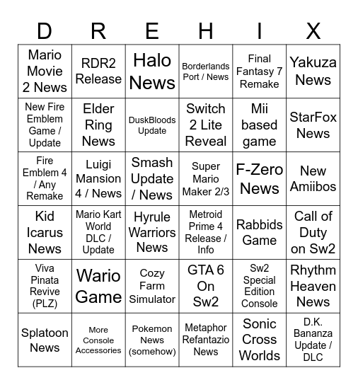 Nintendo Direct (Drehix Version) Bingo Card