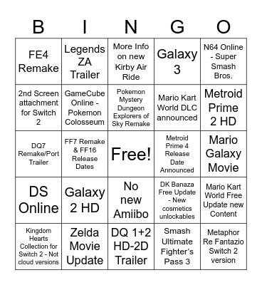 Nintendo Direct September 12, 2025 Bingo Card