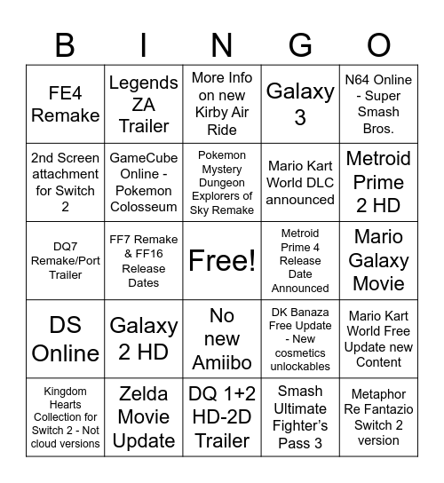 Nintendo Direct September 12, 2025 Bingo Card