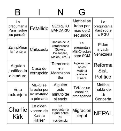 Debate Presidencial Bingo Card