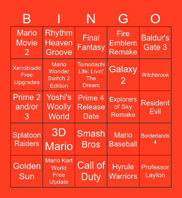 Nintendo Direct 12/09/2025 Bingo Card