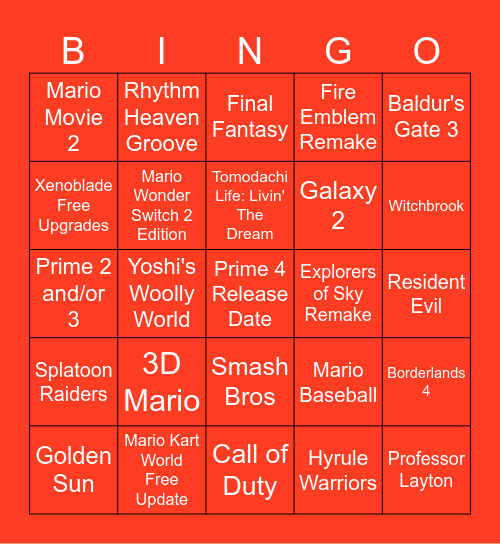Nintendo Direct 12/09/2025 Bingo Card