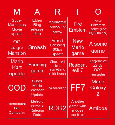 Nintendo Direct September Bingo Card