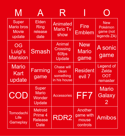 Nintendo Direct September Bingo Card