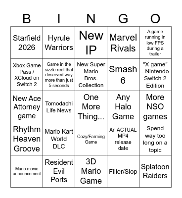 Nintendo Direct Bingo Card