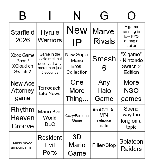 Nintendo Direct Bingo Card