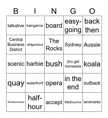 Australia Bingo Card