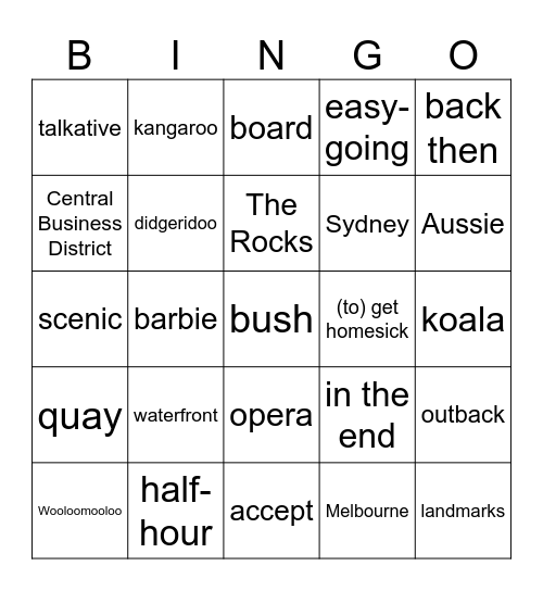 Australia Bingo Card