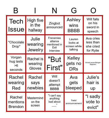 Big Brother 27 Eviction #9* Bingo Card
