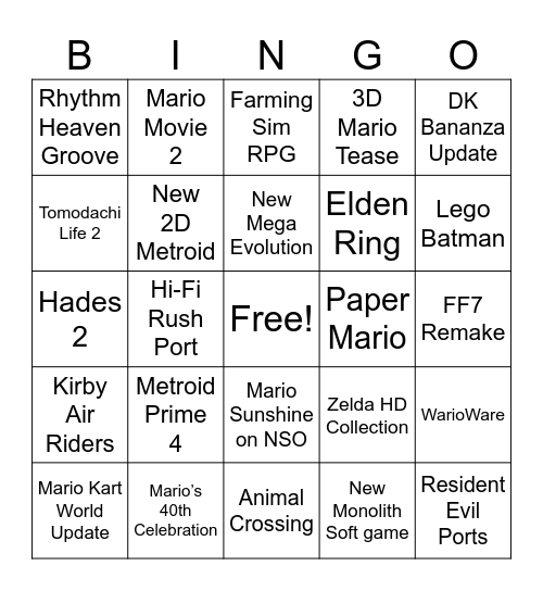 Nintendo Direct Bingo Card