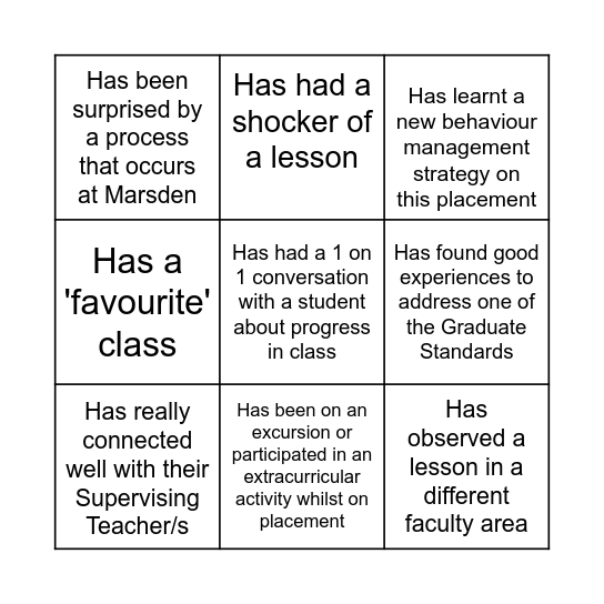 Pre-Service Experience at MHS Bingo Card