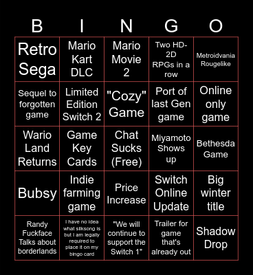 Nintendo Direct Bingo Card