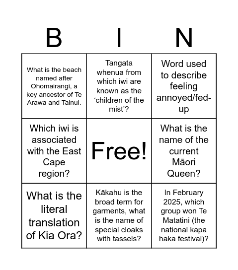 Mahuru Māori Wharewhare Bingo Card