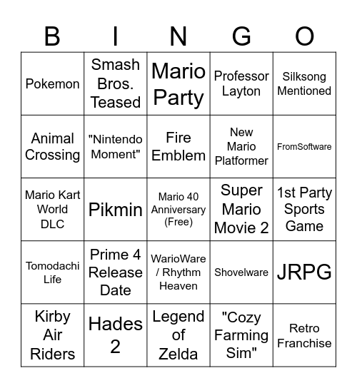 Nintendo Direct 9/12/2025 Bingo Card