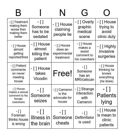 House MD bingo Card
