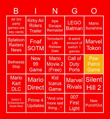 Nintendo Direct 2025 Bingo Card