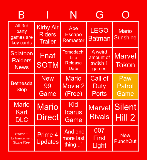 Nintendo Direct 2025 Bingo Card