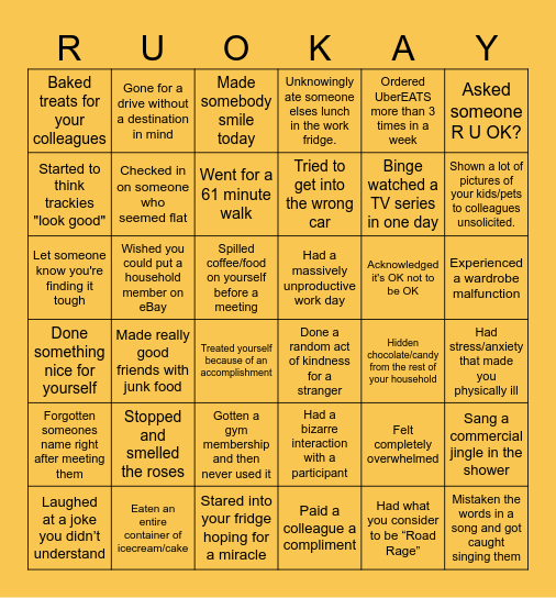 R U OK? Everyday Bingo Card