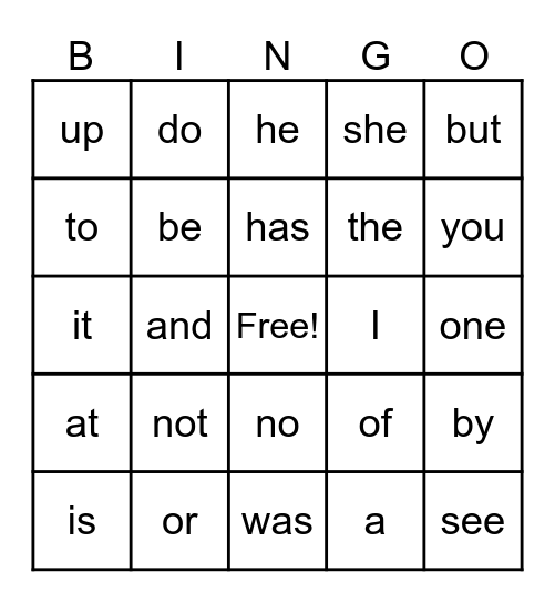 Sight Words Bingo Card