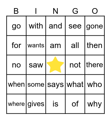 Sight Words Bingo Card