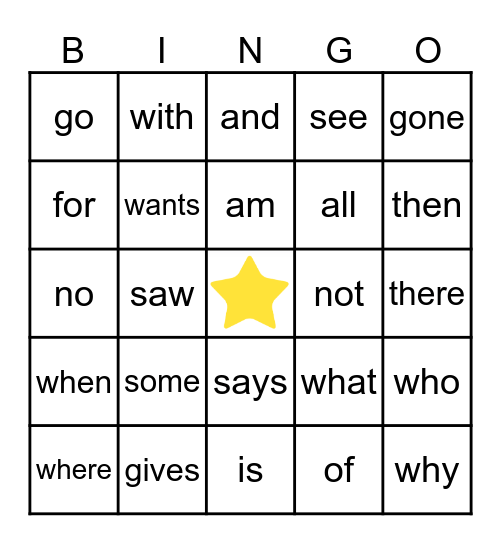 Sight Words Bingo Card