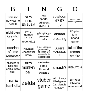 nintendo direct 9/12 Bingo Card