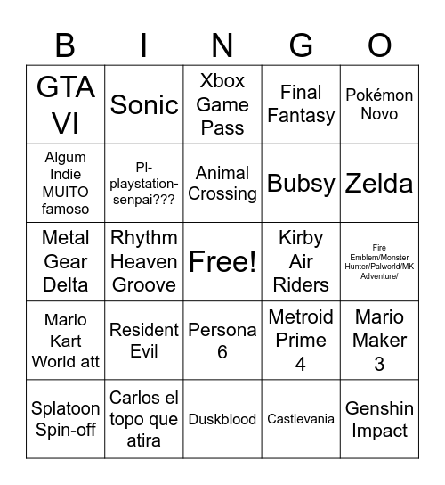 Nintendo Direct 12/09/2025 Bingo Card