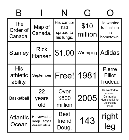 Terry Fox Trivia Bingo Card