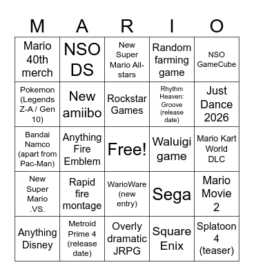 Nintendo Direct 9/12/2025 Bingo Card