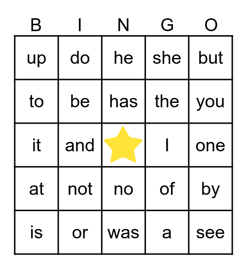 Sight Words Bingo Card