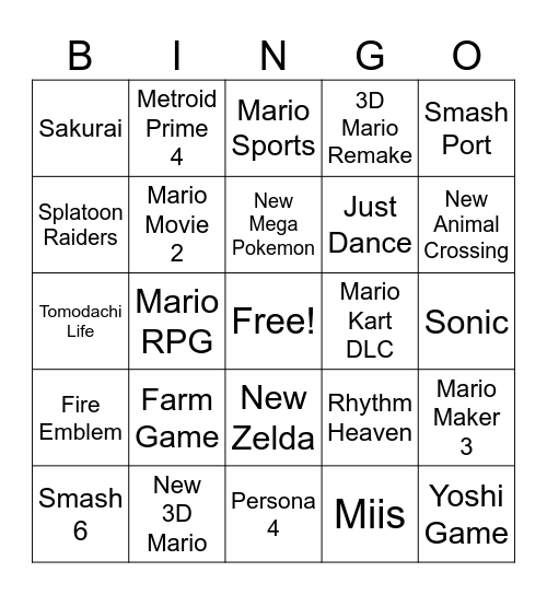 Nintendo Direct Sept 2025 Bingo Card