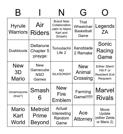 Nintendo Direct 12/09/25 Bingo Card