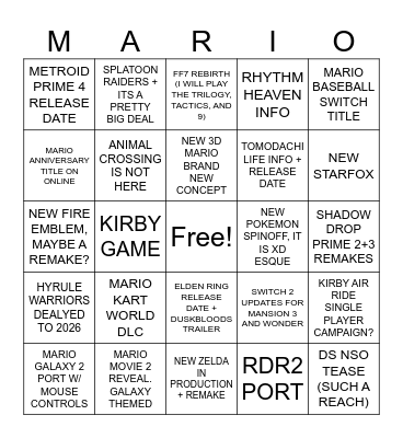 NINTENDO DIRECT 9/12 Bingo Card