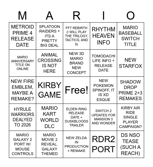 NINTENDO DIRECT 9/12 Bingo Card