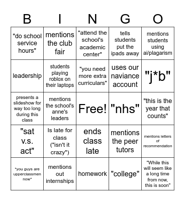 College Bingo Card