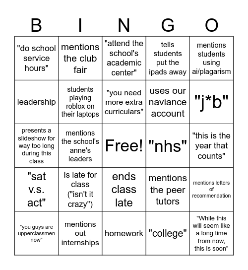 College Bingo Card