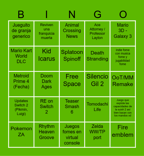 Nintendo Direct 12/09 Bingo Card