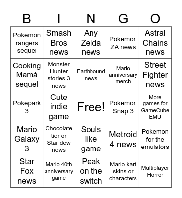 Nintendo Direct September 2025 Bingo Card