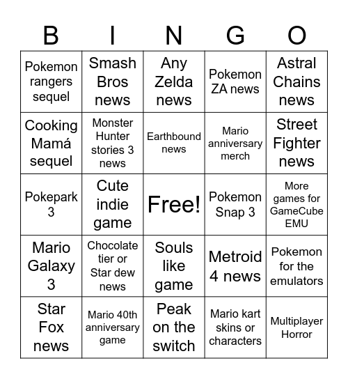 Nintendo Direct September 2025 Bingo Card